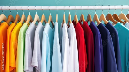 row of many fresh new fabric cotton t-shirts in colorful rainbow colors hangng on clothes rail in wrdrobe. Various colored shirts on blue white background. diy printing fashion concept.