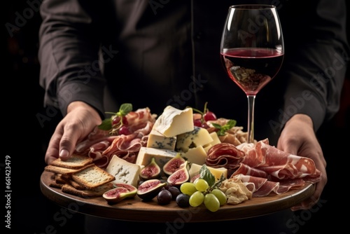Mans hands holding wine and charcuterie board on black background. Italian antipasti or Spanish tapas photo