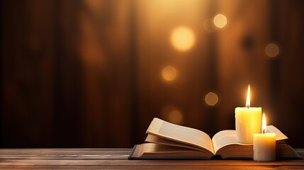 Banner image of Candle with bible on a old oak wooden table. Beautiful gold background. Religion concept.