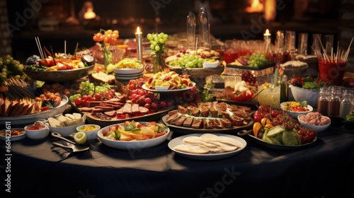 Banquet table with snacks, food on plates, festive table, corporate food