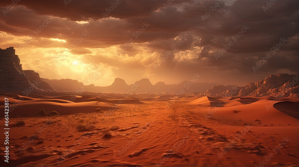 Desert sand dunes road at sunset