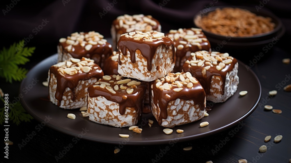 Homemade Caramel Marshmallows covered in chocolate flavor puffed rice, sweet treat easy to make, no baking required, ideal for parties and festivities Homemade Caramel Marshmallows covered in chocolate flavor puffed rice, sweet treat easy to make, no baking required, ideal for parties and festivities