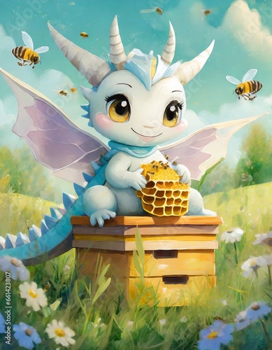 A cute little dragon is sitting on a beehive, holding a honeycomb with honey in his hands, bees are flying around, spring