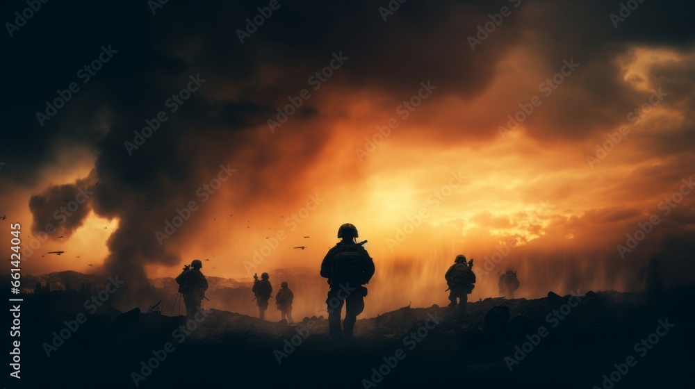 Silhouettes of two army soldiers, U.S. Marines team in action, surrounded fire and smoke, shooting with assault rifle and machine gun, attacking enemy with suppressive gunfire during offensive mission