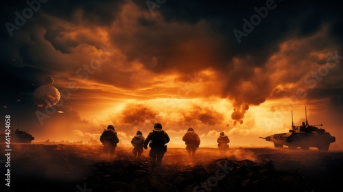 Silhouettes of two army soldiers, U.S. Marines team in action, surrounded fire and smoke, shooting with assault rifle and machine gun, attacking enemy with suppressive gunfire during offensive mission photo