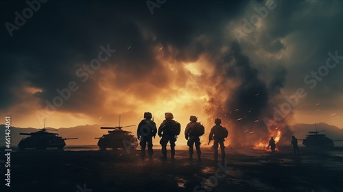 Silhouettes of two army soldiers, U.S. Marines team in action, surrounded fire and smoke, shooting with assault rifle and machine gun, attacking enemy with suppressive gunfire during offensive mission