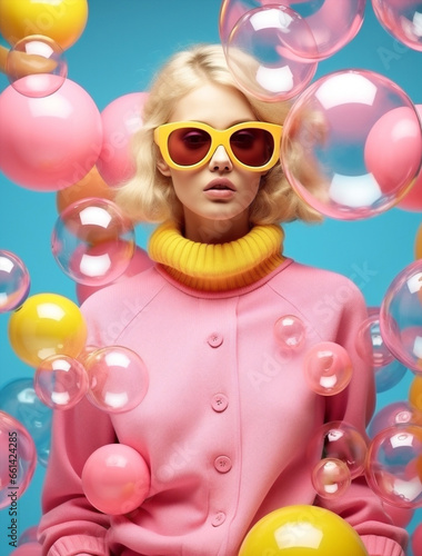 Color fashion bubbles hipster studio model glasses hat trendy balloon glamour party pink