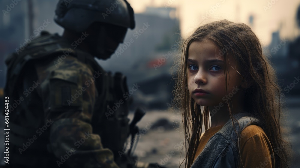 War concept, homeless little girl in a destroyed city, looking at the camera, soldiers, helicopters and tanks, Innocence, fear, war, battle, Human rights, Humanitarian crisis War concept, homeless little girl in a destroyed city, looking at the camera, soldiers, helicopters and tanks, Innocence, fear, war, battle, Human rights, Humanitarian crisis