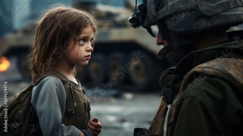 War concept, homeless little girl talking with a soldier in a destroyed city, helicopters and tanks, Innocence, fear, war, battle, Human rights, Humanitarian crisis