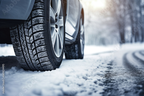 Winter tire. Detail of car tires in winter on the road covered with snow. © ekim