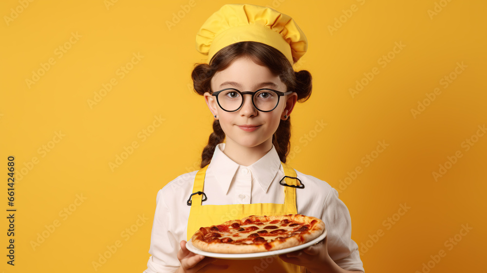 little girl wearing chef uniform standing against yellow background little girl wearing chef uniform standing against yellow background