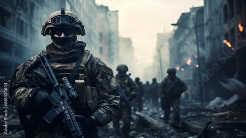 War concept, Several modern soldiers fully equipped in a dusty and smoggy environment facing the camera, battle gear, conflict, warzone, military formation