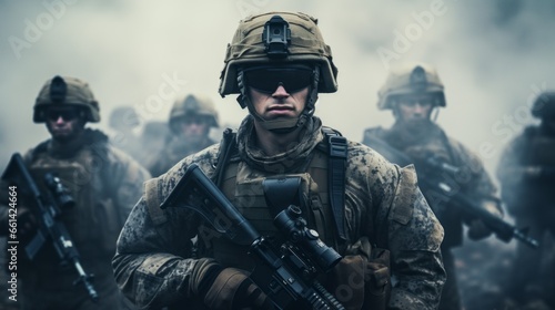 War concept, Several modern soldiers fully equipped in a dusty and smoggy environment facing the camera, battle gear, conflict, warzone, military formation