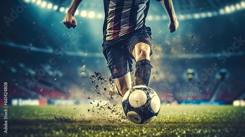 Soccer player running fast with ball by his feet on grass pitch. Postproducted generative AI illustration.