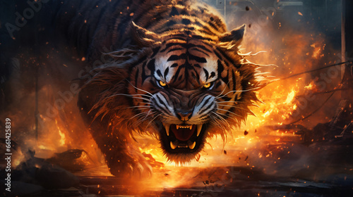 Furious angry tiger in the fire of destruction