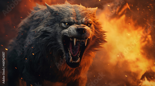 Furious angry wolf in the fire of destruction