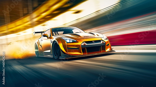 Golden race car drifting on speed track with blurred background. Postproducted generative AI illustration. © LeArchitecto