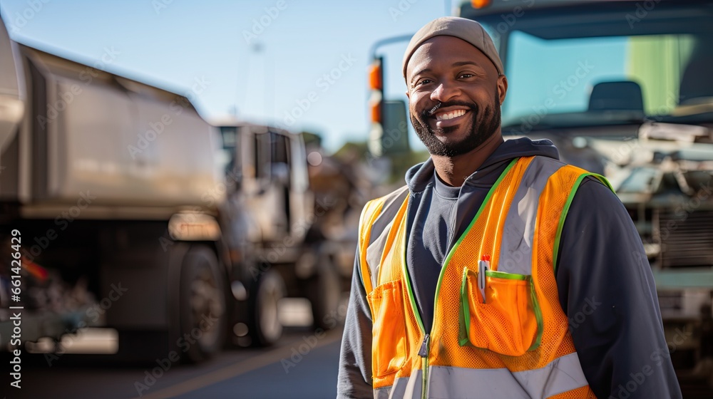 A recycling worker stands smiling and looks at the camera next to a garbage truck. Transporting garbage and garbage A recycling worker stands smiling and looks at the camera next to a garbage truck. Transporting garbage and garbage