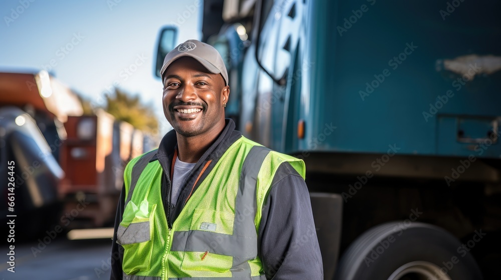 A recycling worker stands smiling and looks at the camera next to a garbage truck. Transporting garbage and garbage - obrazy, fototapety, plakaty 