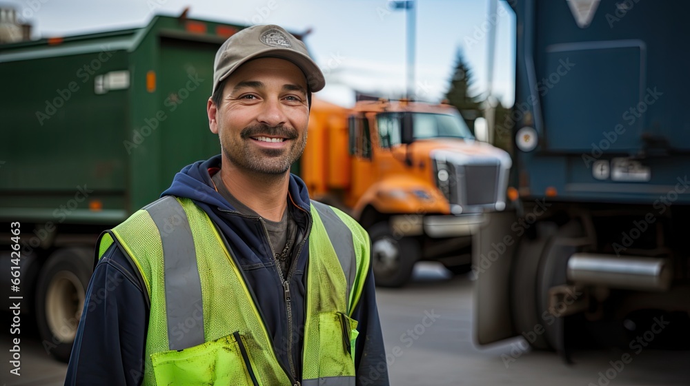 A recycling worker stands smiling and looks at the camera next to a garbage truck. Transporting garbage and garbage A recycling worker stands smiling and looks at the camera next to a garbage truck. Transporting garbage and garbage