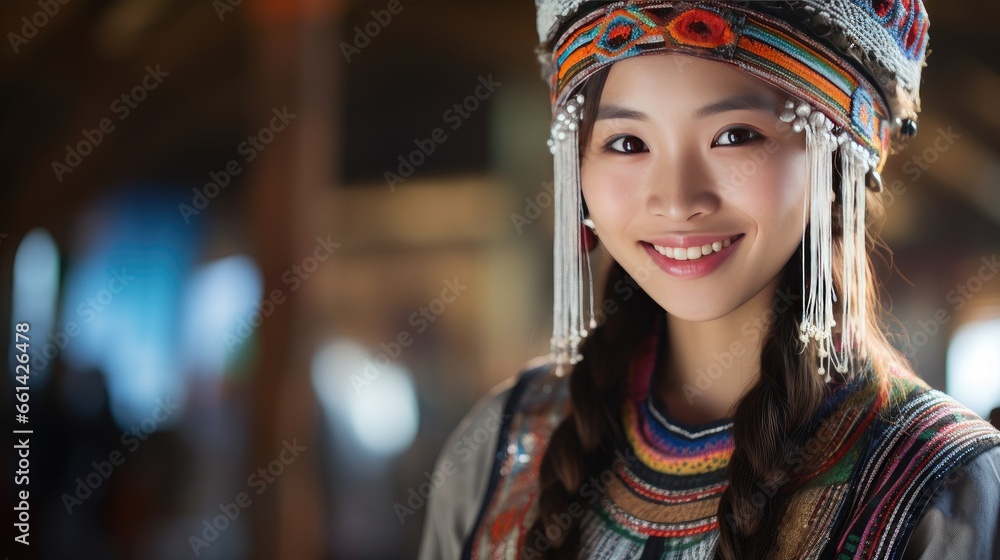 Hmong girl smiles Dressed in beautiful tribal clothing Hmong girl smiles Dressed in beautiful tribal clothing