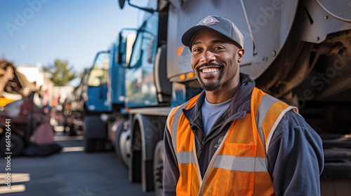 A recycling worker stands smiling and looks at the camera next to a garbage truck. Transporting garbage and garbage