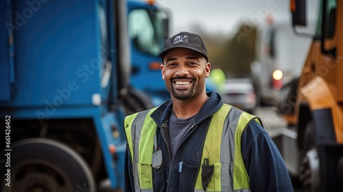 A recycling worker stands smiling and looks at the camera next to a garbage truck. Transporting garbage and garbage