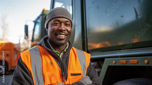 A recycling worker stands smiling and looks at the camera next to a garbage truck. Transporting garbage and garbage