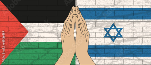 Palestine Israel military conflict. Hand in pray on Palestinian and Irael flag background with rough grunge brick wall texture. Vector illustration.

