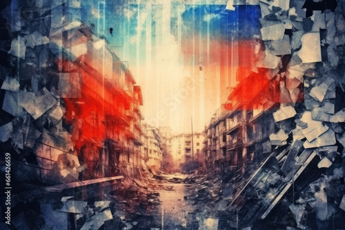 abstract background with Russian flag and ruins