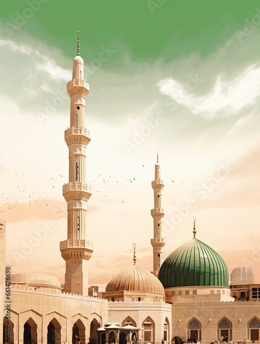 Nabawi Mosque, minarets and domes, rendered in impressionism style, generative ai photo
