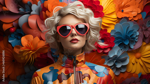 A young stylish fashion glamorous woman wearing vibrant psychedelic outfit with colorful jelly sunglasses