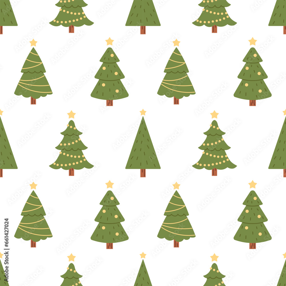 Vector seamless pattern with christmas trees. Fir trees with garlands and balls on white background. New Year and Christmas wrapping design.