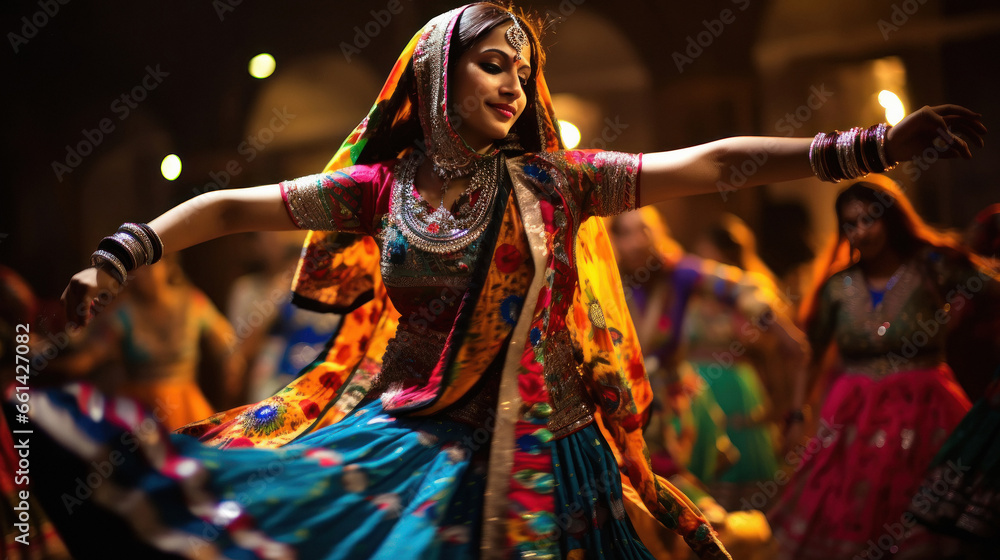 Indian woman Performing garba dance. Garba dance is performed in Navratri festival.