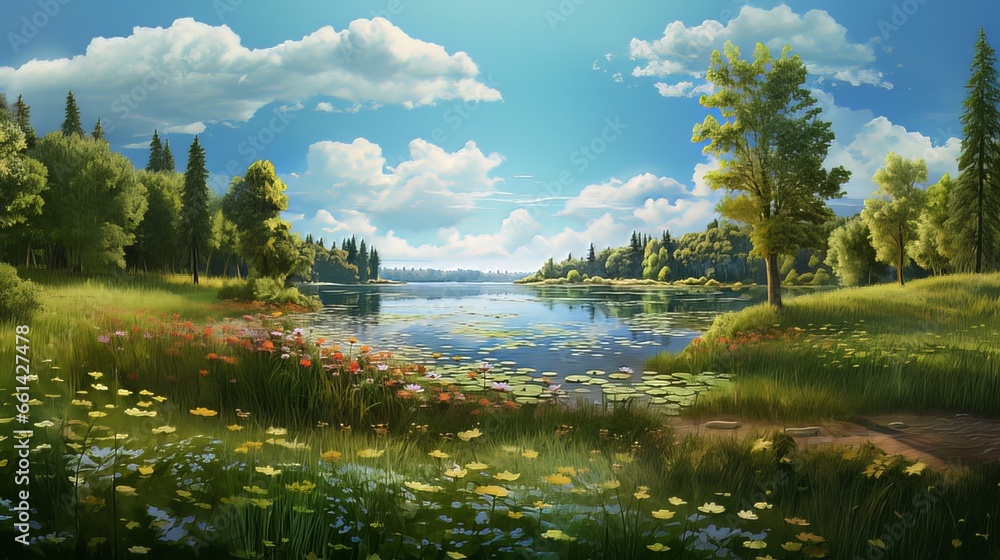Fototapeta premium Beautiful colorful summer spring natural landscape in the park with a lake surrounded by green foliage trees in sunlight and stone path in the foreground.