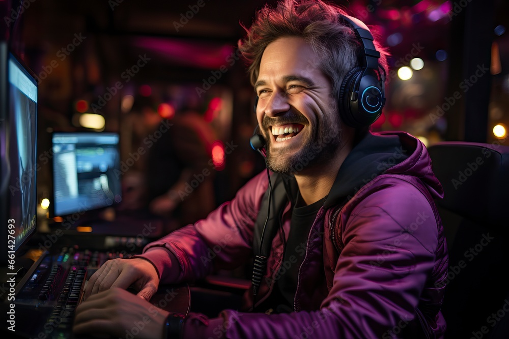 A handsome man who has headphones working hard at his studio and smiles A handsome man who has headphones working hard at his studio and smiles