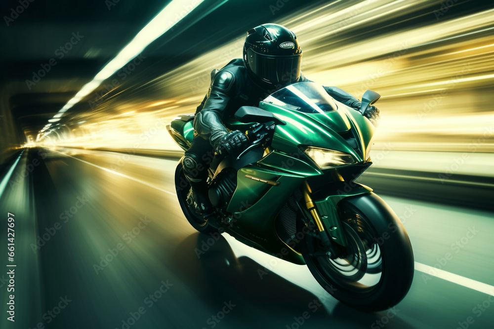 green motorbike rider at high speed along the highway, 3d rendering, AI generative green motorbike rider at high speed along the highway, 3d rendering, AI generative
