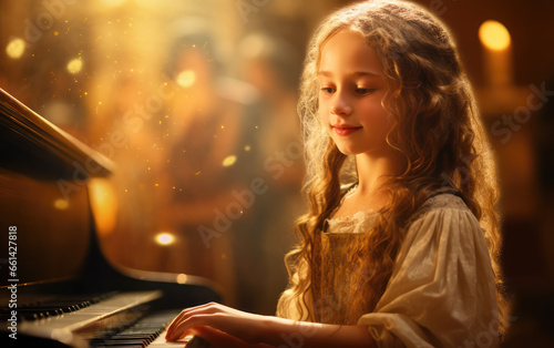 girl plays the piano by young choir members