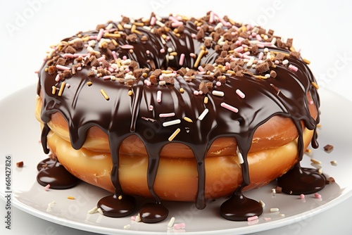 Chocolate-frosted donut with a rich, decadent cocoa glaze and chocolate drizzle, Generative AI