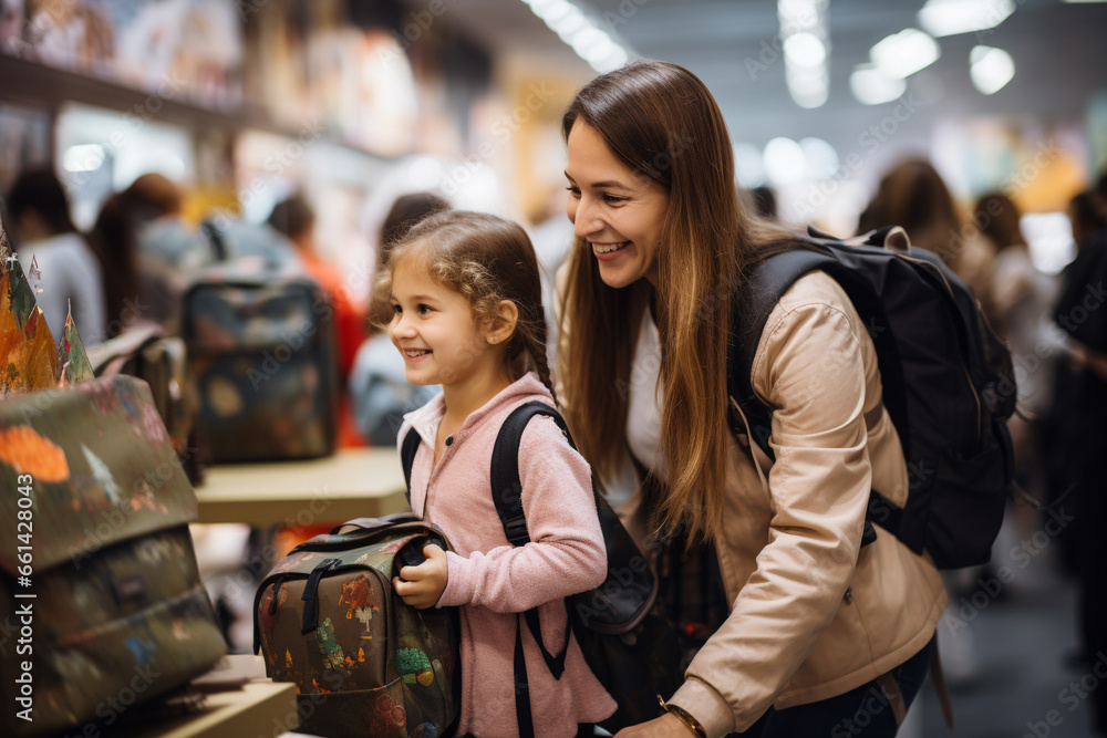 Portrait of Mother and Daughter in a Shopping Mall, Smiling and Trying on Backpacks for School