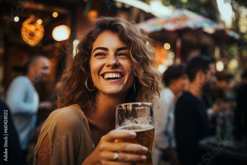 Happy Woman on a Bar Terrace Enjoying a Beer and Smiling