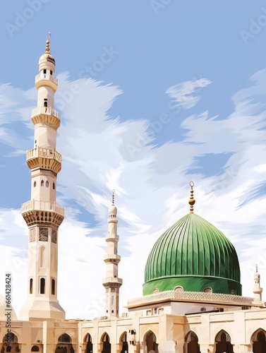 Nabawi Mosque, minarets and domes, rendered in impressionism style, generative ai