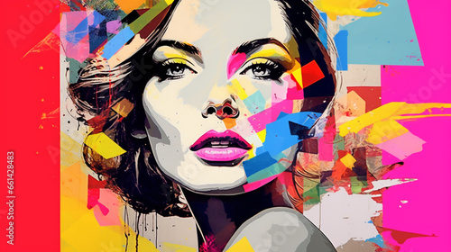 Pop art collage 1960s with beautiful abstract woman. Fashionable design with colorful background. Surreal Abstract Geometry. female lips and thoughts. Abstract collage.