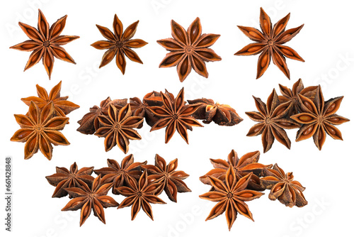 A group of star anises isolated on white background with transparent png.