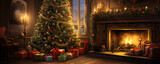Warm Christmas scene with Christmas tree, gifts and a fireplace