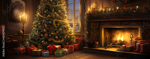 Warm Christmas scene with Christmas tree, gifts and a fireplace