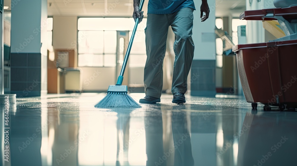 Fototapeta premium People clean the floor and clean it with a lint-free cloth or hospital cleaner.