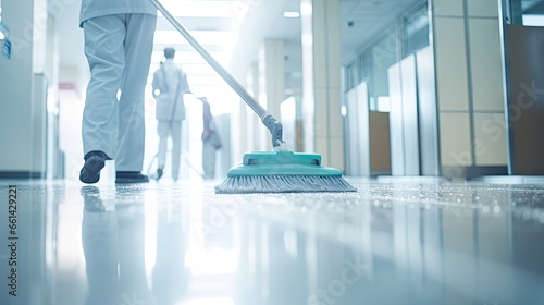 People clean the floor and clean it with a lint-free cloth or hospital cleaner. photo