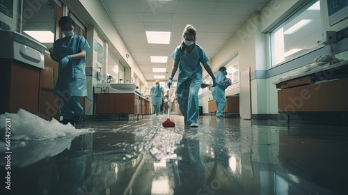 People clean the floor and clean it with a lint-free cloth or hospital cleaner. photo