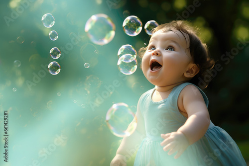 A baby girl enthusiastically chases soap bubbles while happily frolicking in a park.